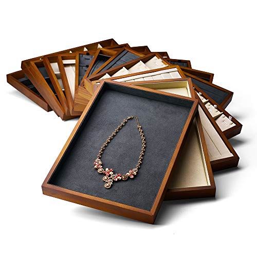 Oirlvウッドフラットジュエリートレイスタッカブルジュエリードロワーオーガナイザーショーケースジュエリーホルダー (グレー)