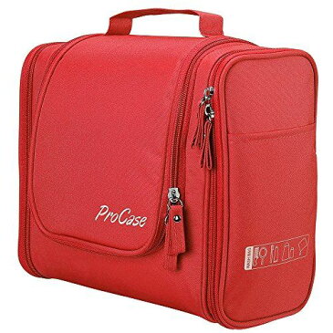 ProCase トラベル洗面用具バッグ 大容量 防水ナイロン 化粧ポーチ 吊り下げ コスメやシャンプーなどの収納 小物入れ 旅行や出張用- レッド