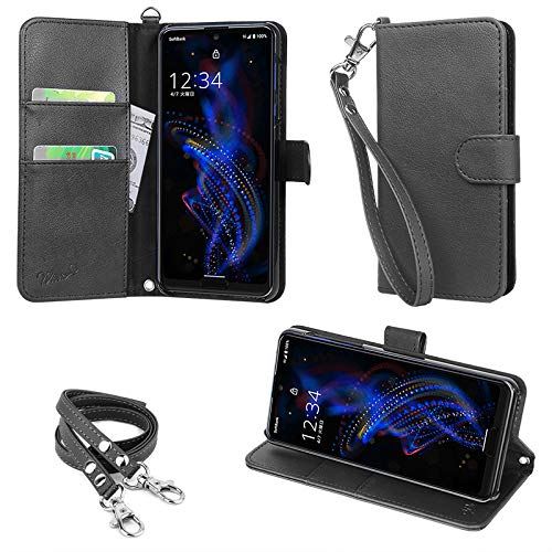 wisers AQUOS R5G SH-51A ケース SHG01 ケース 908SH カバー 手帳型 [ ストラップ 2種付 ] Sharp シャープ docomo ドコモ au softbank ソフトバンク スマートフォン スマホケース ハンドストラップ ネックストラップ カードホルダー [2020年 新型] ブラック