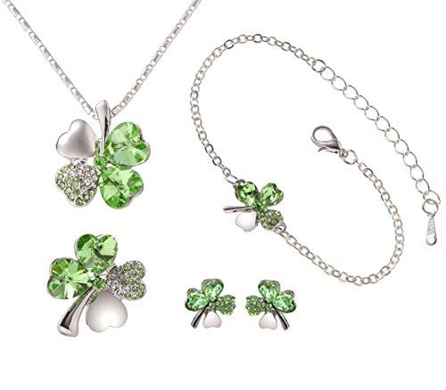 Phoenix 四つ葉のクローバー ネックレス & ブレスレット & ピアス & ブローチ 計 4種セット ジュエリー ファッション アクセサリー レディース 合金 人工水晶 エレガント 幸せな 幸運 四つ葉 クローバー フラワー ネックレス チョーカー ペンダント