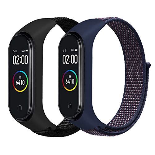 シャオミ スマートウォッチ メンズ AIGENIU コンパチブル Xiaomi Mi Band 4 Mi Band 3 バンド, 柔らかい通気性 ナイロンループ スポーツ 交換用 ブレスレット (02黒+インディゴ)