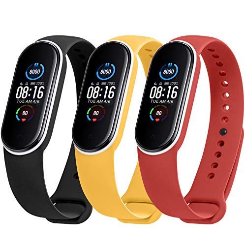 Seafirst シャオミ適用交換バンド 3本セット Xiaomi Mi band 5適用ベルト Mi band 5適用TPUバンド ブラックホワイト＋イエローホワイト＋赤ホワイト