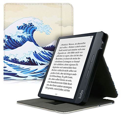 kwmobile 対応: Kobo Libra H2O ケース - バンド スタンド付き カバー - 電子書籍 保護ケース 数百年後の波と富士山デザイン 青色/白色/ベージュ 数百年後の波と富士山 04-02-11