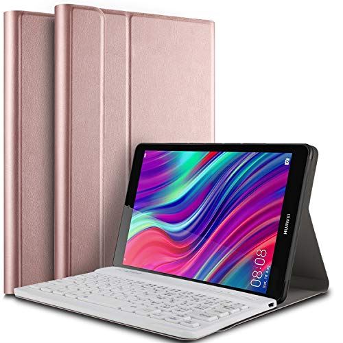 【PCATEC】HUAWEI MediaPad M5 lite 8インチ用 超薄レザーケース付き Bluetooth キーボードUS配列 かな入力 JDN2-L09/JDN2-W09対応 (MediaPad M5 lite 8, ローズゴールド)