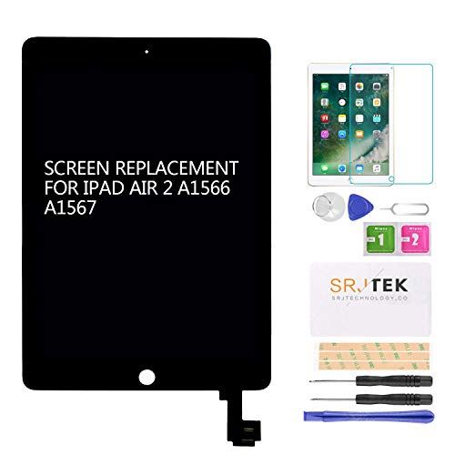 SRJTEK For Apple iPad Air 2 9.7" 2014A1566 A1567 換修理用lcdとタッチスクリーン アセンブリ、液晶とフロントパネル、外部と内部スクリーン、タブレットディスプレイ交換部品、 修理パーツ+強化ガラス（説明書なし）ブラック