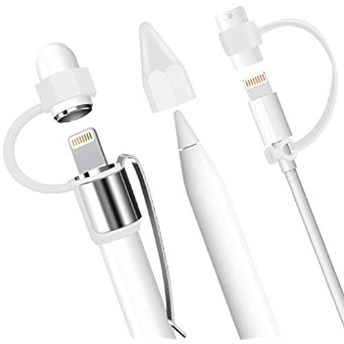 Kutop Apple Pencil キャップケース，柔らかい シリコーン 輪ゴム ペン フック付き　ホルダー/ペン先カバー/ライトニング ケーブル アダプタ 繋がり具 iPad Pro 9.7/10.5 pencil カバー (4点セット) 白*1