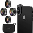 NELOMO スマホカメラ用4イン1レンズキット。適合機種：iphone XR X 8 7、 Samsung Galzxy S9 S8、 Huawei P20 P10 など。20倍マクロレンズ、2倍ズーム望遠レンズ、138度広角レンズ、190度魚眼レンズ。 4 IN 1