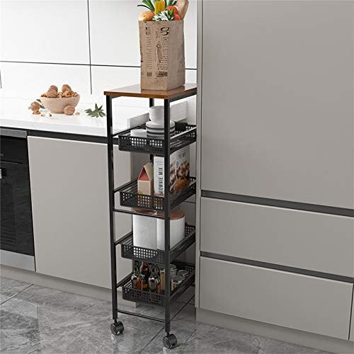 AKOZLIN キッチンワゴン 5段 キャスター付き レンジ台 レンジラック レンジボード キッチン棚 スマートラック 家電や器具収納 スライド棚 収納 ワゴン 隙間収納 コンパクト 省スペース 1段棚+4バスケット移動・掃除便利 幅40×奥26.5cm×高さ104cm ブラックのサムネイル