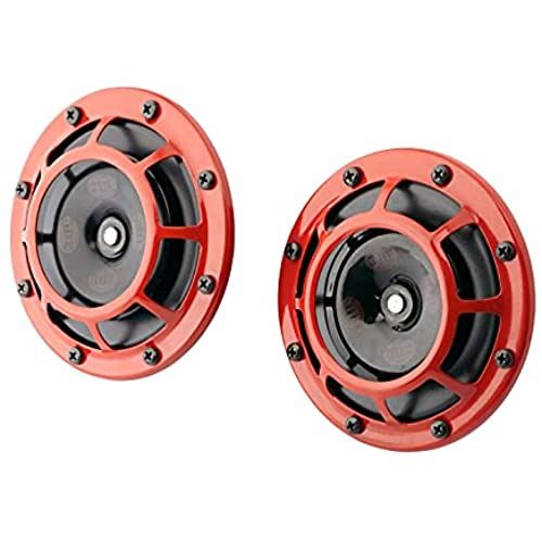 HELLA 003399801 Supertone 12Vハイトーン/ロートーンツインホーンキット、レッドプロテクティブグリル、ホーン2個（3AG 003 399-801）