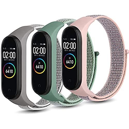 シャオミ スマートウォッチ メンズ Vancle コンパチブル Xiaomi Mi Band 4 / Mi Band 3 バンド 替えベルト 柔らかい通気性 ナイロン スポーツ 交換ベルト 対応 シャオミ4/3 スマートウォッチ (ピンク+グリーン+グレー)