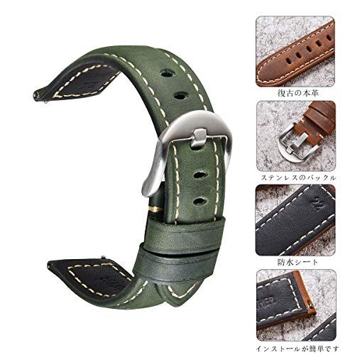 Nywing 腕時計ベルト革 スマートウォッチベルト 時計バンド 本革ベルト 20mm 22mm 24mm 防水 シルバーブラック尾錠 レザー 工具付き クイックリリース 対応Samsung Galaxy/Huawei Watch アーミーグリーン/シルバー