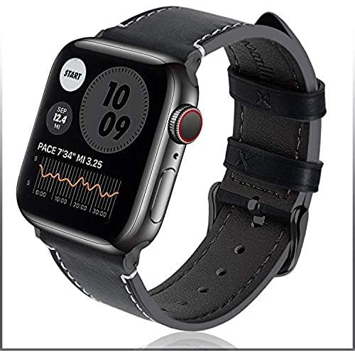 Fullmosa Wax アップルウォッチ バンド レザー apple watch ベルト iwatch バンド 革 appleウォッチ 皮ベルト38mm 40mm 42mm 44mm 腕 時計バンド 本革 アップルうぉっち ... ブラック + スモーキーグレー