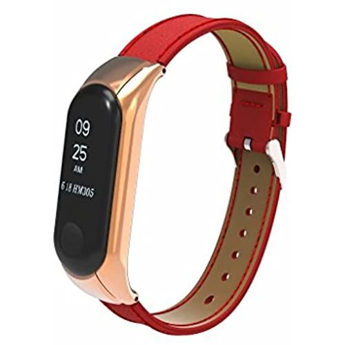 T-BLUER Xiaomi Mi Band 3/Mi Band 4のための金属フレームとの交換の手首の革のストラップのリストバンドスマートなブレスレットアクセサリー（トラッカーなし） レッド