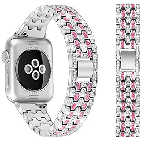 MIRAE for Apple Watch 40mm/38mm バンド アップルウォッチ ベルト ステンレス+合金 調節工具付き キラキラ お洒落 高級感 腕時計バンド Apple Watch Series5/4/3/2/1に対応 (40/38 シルバー+ピンク)