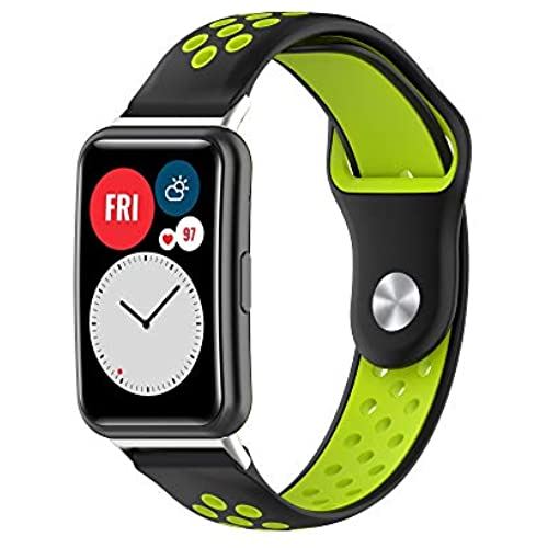 HUAWEI Watch FIT用 バンド ファーウェイ Watch Fit用 交換バンド スマートウォッチバンド 高級シリコーン製 SOOYEEH 柔らかい 超薄 超軽量 装着簡単 スポーツ 耐衝撃 防汗 10色可選 男女兼用（ブラック+グリーン）