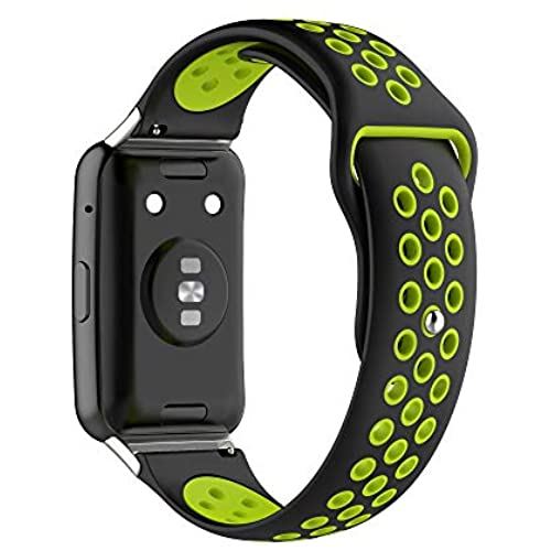 HUAWEI Watch FIT用 バンド ファーウェイ Watch Fit用 交換バンド スマートウォッチバンド 高級シリコーン製 SOOYEEH 柔らかい 超薄 超軽量 装着簡単 スポーツ 耐衝撃 防汗 10色可選 男女兼用（ブラック+グリーン）