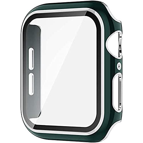 Apple Watch ケース 38mm/40mm/42mm/44mm iWatch カバー超薄型 液晶全面保護カバー アップルウォッチ カバー耐衝撃 Apple Watch フィルム 日本旭硝子材 PCフレーム ... 44mm-(Series 6/5/4/SE) グリーン色+シルバー色の縁