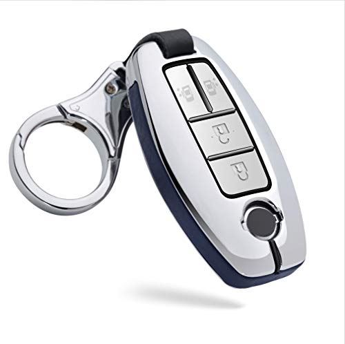 ONTTO 日産 スマート キーケース キーカバー キーホルダー 金属 汚れ、傷防止 オシャレ メタルレザー Nissan 新型セレナ C27 C26 C25 エルグランド E52 ニッサン リモコンケース アルミ合金 車用 保護 やや重い ブルー