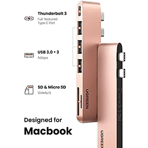 UGREEN MacBook Pro Air専用 USB-Cハブ SD / TFカードスロットを搭載したMacBook Airアダプター USB Cハブ USB 3.0x3 Thunderbolt 3を備え MacBook Air 2020 2019 2018, MacBook Pro 2019 2018 2017に最適 ローズゴールド