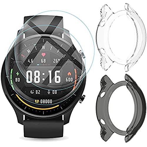 シャオミ スマートウォッチ メンズ Miimall 対応Xiaomi Mi Watch用【ケース*2+フイルム*2 セット】シャオミ Mi Watch Color Sports ケース TPU材質 液晶保護フィルム 防衝撃 気泡なし 高透過率 簡単貼付 保護フィルム Xiaomi Mi Watch 保護ケース バンパー（ブラック＋クリア）