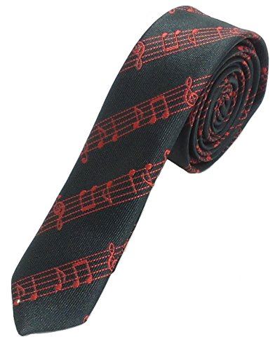 【日本製】音楽がきこえる3.5cm音符柄 五線譜 音譜柄ネクタイ ナロータイ ブラック/レッド(4)