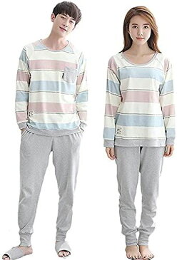 ジュタオピン ペア パジャマ 長袖 綿 ボーダー ペアルック パジャマ ペア メンズ ルームウェア 部屋着 ペア カップル 秋冬 カップル お揃い プレゼント レディース ルームワンピース 1着 長袖 2着