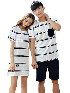 (レモンツリーセブン)Lemon tree7 男女3点セット ペアパジャマ ペアお揃い 部屋着 綿100% パジャマ 上下パジャマ ボーダー柄 ワンピース 可愛い ルームウェア カジュアル キュート 結婚お祝い ホワイト