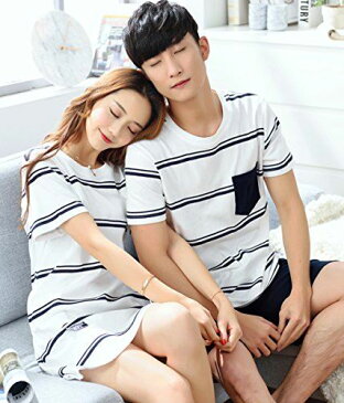 (レモンツリーセブン)Lemon tree7 男女3点セット ペアパジャマ ペアお揃い 部屋着 綿100% パジャマ 上下パジャマ ボーダー柄 ワンピース 可愛い ルームウェア カジュアル キュート 結婚お祝い ホワイト