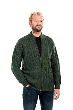 メリノウール 100% メンズ ジッパーケーブルニット 冬暖かいカーディガンセーター ポケット付き チャコール/アーミーグリーン