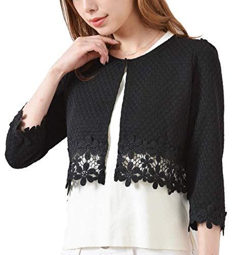 (カービーズ) curvy's ショートジャケット ショート ジャケット ツイード カーディガン カーデガン トップス 七分袖 長袖 UV対策 フラワーレース 06.ブラック/ボレロ七分袖