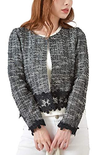 (カービーズ) curvy's ショートジャケット ショート ジャケット ツイード カーディガン カーデガン トップス 七分袖 長袖 UV対策 フラワーレース 08.ブラックツイード/長袖