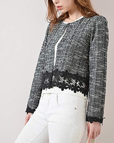 (カービーズ) curvy's ショートジャケット ショート ジャケット ツイード カーディガン カーデガン トップス 七分袖 長袖 UV対策 フラワーレース 08.ブラックツイード/長袖