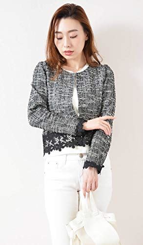 (カービーズ) curvy's ショートジャケット ショート ジャケット ツイード カーディガン カーデガン トップス 七分袖 長袖 UV対策 フラワーレース 08.ブラックツイード/長袖