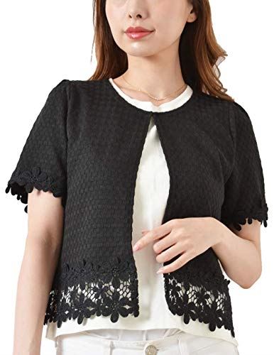 (カービーズ) curvy's ショートジャケット ショート ジャケット ツイード カーディガン カーデガン トップス 七分袖 長袖 UV対策 フラワーレース 13.ブラック/半袖