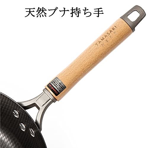 TAMASAKI フライパン 鉄 28cm 焦げ付きにくい 無コーティング ガス対応 熱伝導 手入れが簡単 洗いやすい 最高の耐久性 有害物質を含まない 凹凸焼ストライプ 復古杉木蓋付き 炒め鍋