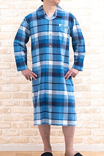 ケーズアイ メンズ スリーパー パジャマ 長袖 前開き 綿100％ネル地チェック 秋冬に適した素材 紳士 ワンピース ホテル パジャマ M/L/LL/3L/4L ブルー