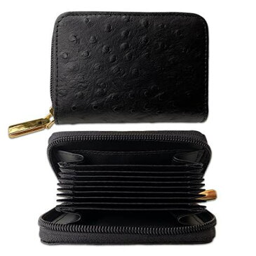 プレゼント 人気 カードケース じゃばら 大容量 本革 イタリアンレザー 小さい ミニ ファスナー式 母の日 敬老の日 (牛革マット オーストリッチ型押し, ブラック)