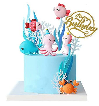ケーキトッパー誕生日ケーキ飾り3Dオーシャンテーマケーキデコレーショントッパー海馬クジラカクレクマノミ動物ケーキトッパー子供のためのピックベビーシャワー誕生日パーティー用品ビーチテーマパーティーカップケーキトッパー(12点セット) ...