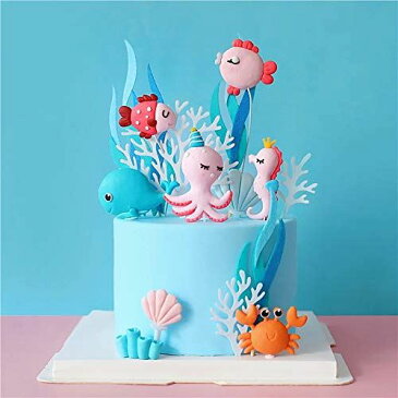 ケーキトッパー誕生日ケーキ飾り3Dオーシャンテーマケーキデコレーショントッパー海馬クジラカクレクマノミ動物ケーキトッパー子供のためのピックベビーシャワー誕生日パーティー用品ビーチテーマパーティーカップケーキトッパー(12点セット) ...