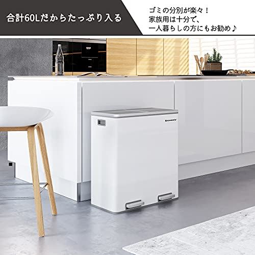 SONGMICS ゴミ箱 ダストボックス ペダル式 2分別 2×30L ポリ袋付き インナーバケット2つ ステンレス 密閉 音無し おしゃれ 横型 室内 キチン ベランダ 蓋付き LTB60WT