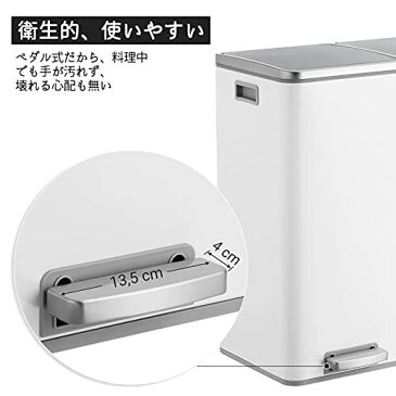 SONGMICS ゴミ箱 ダストボックス ペダル式 2分別 2×30L ポリ袋付き インナーバケット2つ ステンレス 密閉 音無し おしゃれ 横型 室内 キチン ベランダ 蓋付き LTB60WT