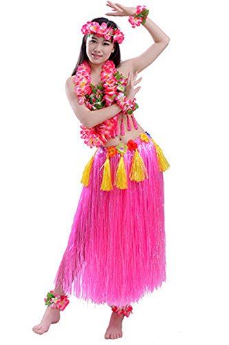 (POMAIKAI) フラダンス 衣装 フラ ダンス コスチューム レイ ベアトップ スカート 8点 セット (ピンク)