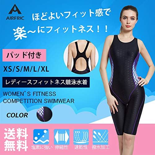 AIRFRIC レディース 競泳水着 パッド付き フィットネス水着 ワンピース 女性 練習用 トレーニング用 スイムウェア 大きいサイズ 水泳 体型カバー スポーツ水着 6003 ブラック/パープル