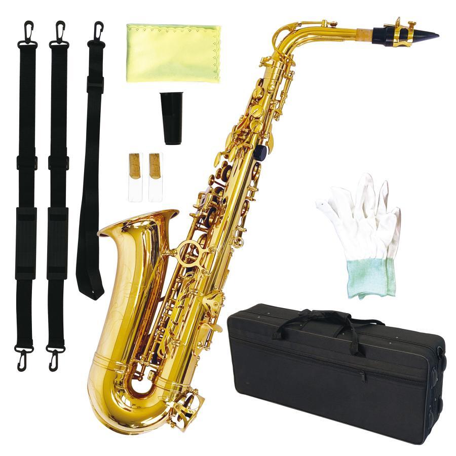アルトサックス 初心者 11点セット E Saxophone ゴールドラッカー ケース付き 彫刻入り 初心者入門セット 日本語説明書付