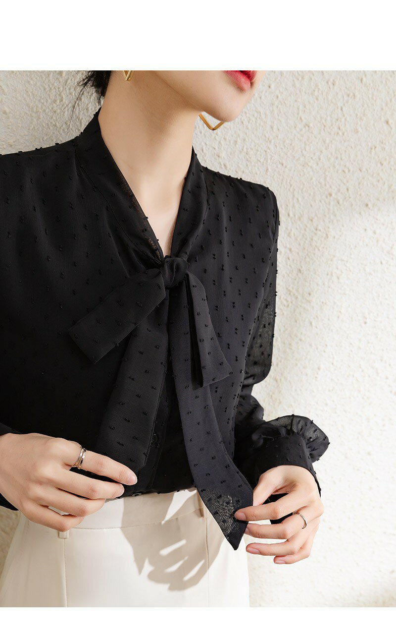 ブラウス シフォンブラウス シアーブラウス ボウタイブラウス リボンタイ ドットジャガード ドット柄 バンドカラー 比翼仕立て ポワン袖 パフスリーブ 透け感 シアー素材 長袖ブラウス レイヤードトップス インナー兼用 オフィスカジュアル