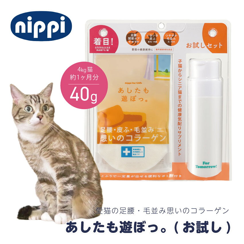 お試しセット 猫用 あしたも遊ぼっ。 牛由来 40g＋専用容器付 ニッピ 牛由来 タンパク質 コラーゲン アミノ酸 日本製 国産 安い 関節 骨 皮膚 足腰 毛並み 健康 健康維持 動物病院 共同開発 猫用健康補助食品 猫 ザペットあしたも遊ぼっ。（牛由来）お試しパック 40g Point.1 新発見！ペットフードでは不足しがちだった“非必須アミノ酸”の栄養補給 カラダづくりに不可欠なタンパク質を補給するサプリメントです。 毎日の食事の中で不足しがちな「非必須アミノ酸」を 豊富に含むコラーゲンは、愛犬の健康維持に適しています。 健康気配りサプリメント「あしたも遊ぼっ。。」は動物病院と共同開発した製品です。 子犬からシニア犬まで幅広くご利用いただけます。 Point.2 愛猫の足腰、皮膚、毛並の健康を維持する3つのしくみ 「非必須アミノ酸」「低分子」「ジペプチド」を配合！ Point.3 非必須アミノ酸：本当は大切な栄養素 コラーゲンは成分の75%以上が非必須アミノ酸です。 その不足分を「あしたも遊ぼっ。。」で効果的に補給することができます。 Point.4 低分子：低分子化してあるから吸収量を維持 コラーゲンは本来、消化のしにくい高分子（分子量30万）ですが、「あしたも遊ぼっ。。」は 製造工程において60分の1の分子量5千ぐらいまでに低分子化しているのでスムーズに小腸から吸収できます。 Point.5 ジペプチド：関節の軟骨細胞や、骨の破骨細胞、皮膚の線維芽細胞に作用 関節、骨、皮膚の細胞に働きかけるジペプチドを大量に血中に供給 Point.6 5年に及ぶ共同研究で安全性を確認したコラーゲンを使用 帝京科学大学アニマルサイエンス学科の桜井富士朗教授にご指導いただき、 安全性を確認したコラーゲンペプチドを原料として用いています。 Point.7 ヒト用と全く同じ品質 ヒト用と全く同じ原料、同じ工場、同じ製造工程、同じ品質管理で作っています。 商品仕様 品名 あしたも遊ぼっ。（牛由来）お試しパック 原材料 コラーゲンペプチド(牛由来) 　 内容量 40g＋専用容器 　 原産国 日本 保存方法 直射日光・高温・多湿を避け、室温で保存してください。 (1)超小粒ささみソフトタイプはこちら (2)小粒ささみタイプはこちら (3)大粒ささみタイプはこちら (4)ささみふりかけはこちら (5)馬肉超小粒はこちら (6)馬肉小粒はこちら (7)猫用 ささみはこちら 馬肉五膳はこちら 鹿肉五膳はこちら デンタルシート 20枚入りはこちら ドライシャンプー(泡タイプ) 200mlはこちら 消臭スプレー 300mlはこちら 肉球クリーム 30gはこちら