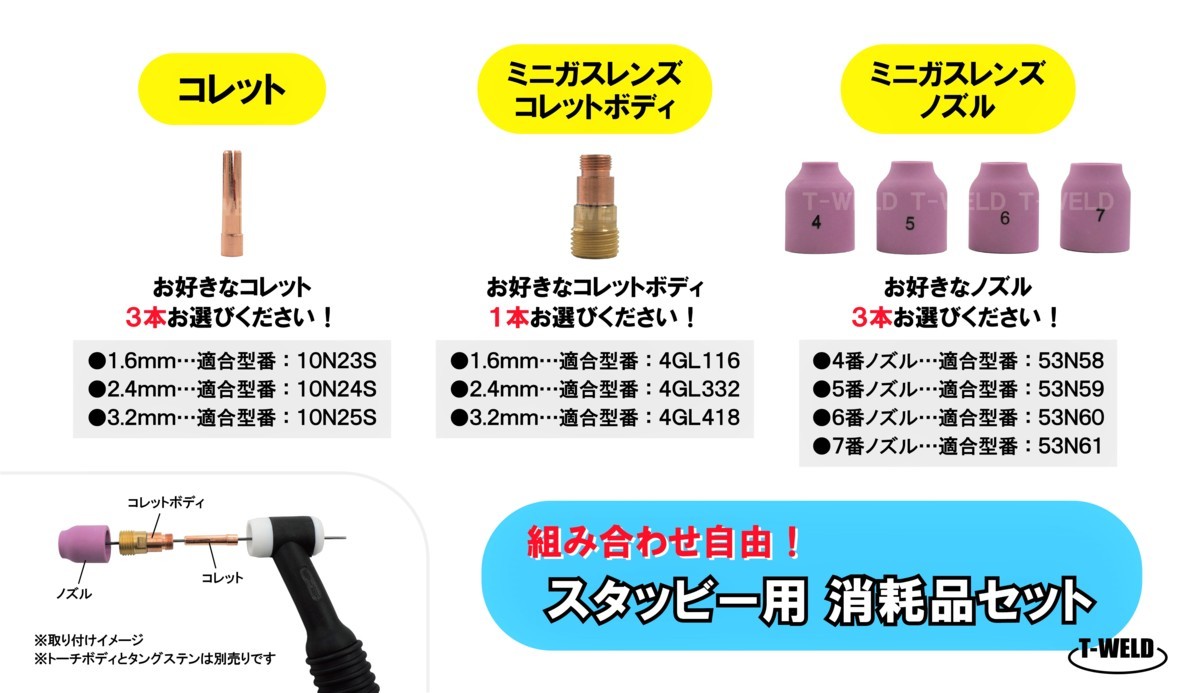 樂天商城 - ★4月限定「 5と0のつく日 」全商品ポイント10倍 エントリー不要★ 【組み合わせ自由】TIG スタッビー ミニガスレンズ 用 消耗品セット （ コレット ×3本 コレットボディ ×1本 ノズル ×3本 ）