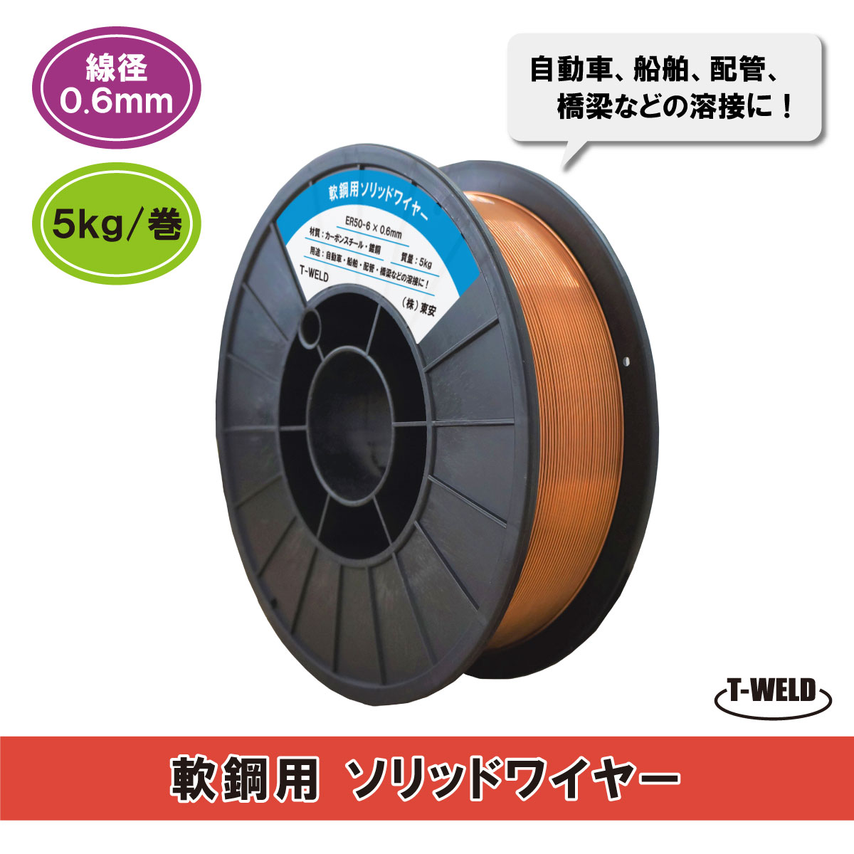 JIS YGW12 軟鋼用ソリッドワイヤ　MG-SOFT、 YM-45T, PF-71等適合品　0.6mm　5kg/巻