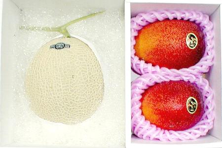 宮崎産 完熟マンゴー 太陽のタマゴ 3Lサイズ 2個入り＆静岡産 温室メロン 約1.5kg 白級 化粧箱 ご贈答おすすめ果物です|みやざき かんじゅくマンゴー マスクメロン アールスメロン プレゼント …