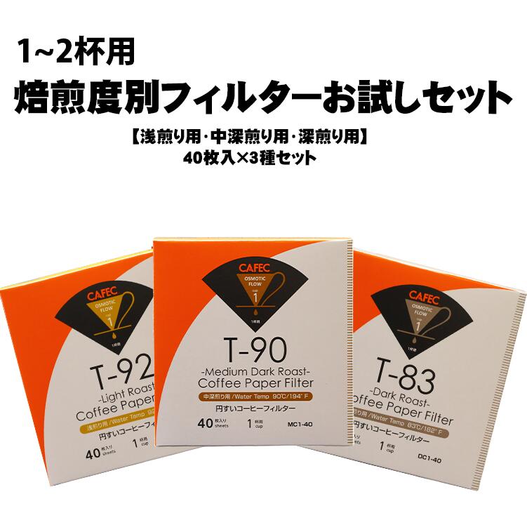 CAFEC カフェック 焙煎度別 円錐 ペーパーフィルター 1〜2杯用 各40枚入 お試しセット【 浅煎り用 中深煎り用 深煎り用 】LC1-40 MC1-40 DC1-40 コーヒーフィルター